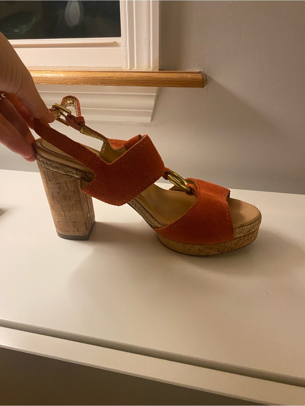Coach Orange Suede Cork Platform Wedge Sandals